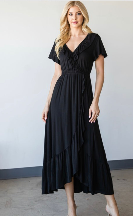 Ruffle detailed black wrap Dress